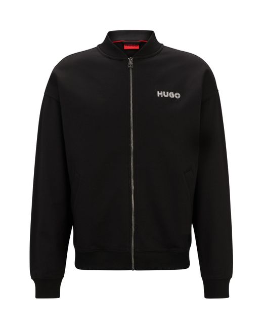 HUGO Black Cotton-terry Zip-up Sweatshirt With Crochet Logos for men