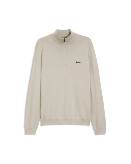 Boss Natural Zip-Neck Virgin Wool-Blend Sweater With Logo for men
