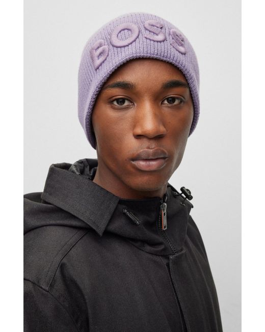 BOSS by HUGO BOSS Logo-embroidered Beanie Hat In Cotton And Wool in Purple  for Men | Lyst