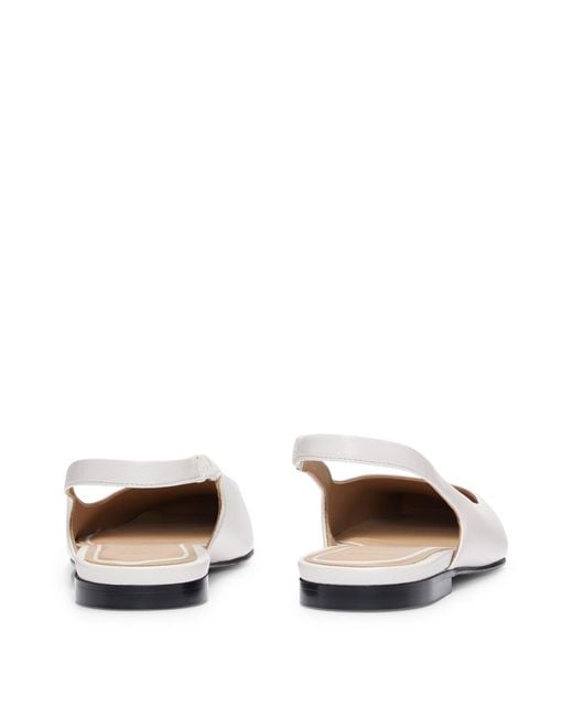 Boss White Leather Ballet Flats With Slingback Strap And Square Toe