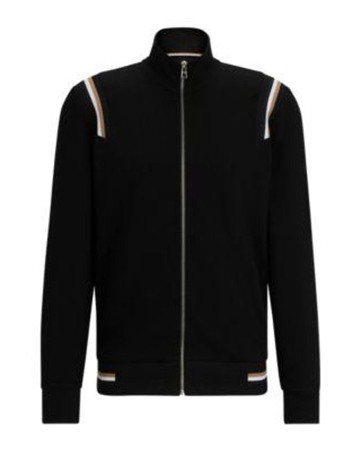 Sweat zippé en coton mélangé avec finitions à rayures emblématiques Boss pour homme en coloris Black