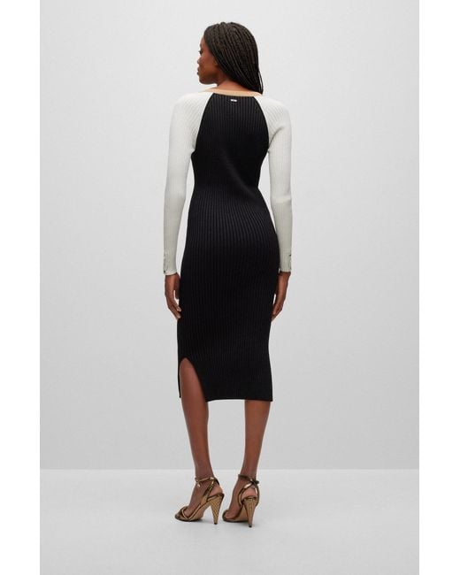 Boss Black Long-sleeved Knitted Dress With Metalized Fibers