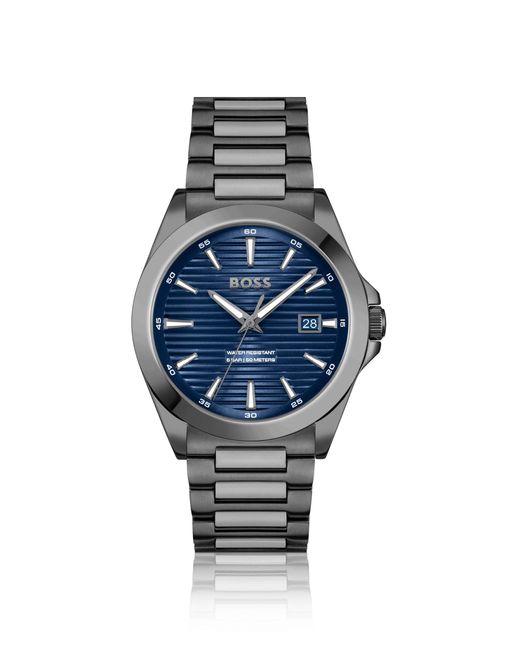 Boss Grau Beschichtete Uhr Mit Blauem Geriffeltem Zifferblatt in Blue für Herren