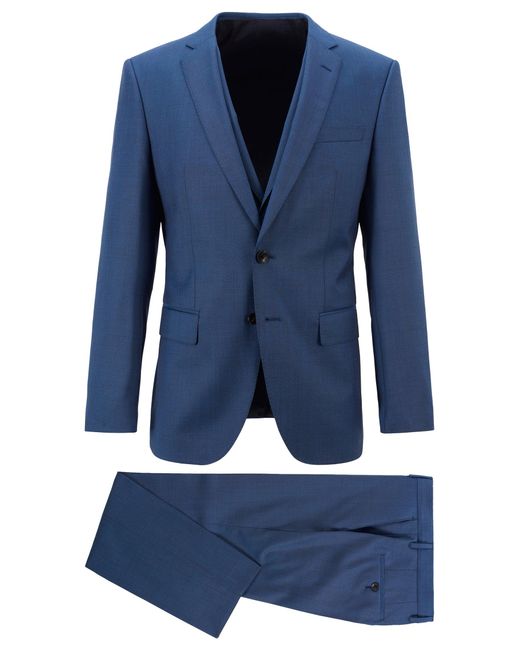 BOSS by Hugo Boss Blue Three-piece Slim-fit Suit In Virgin-wool Serge for men