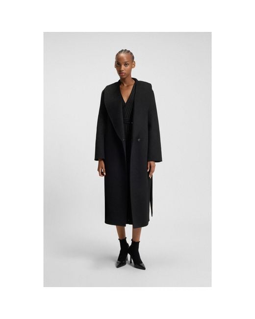 HUGO Black Relaxed-Fit Robe-Style Coat With Tie-Up Belt