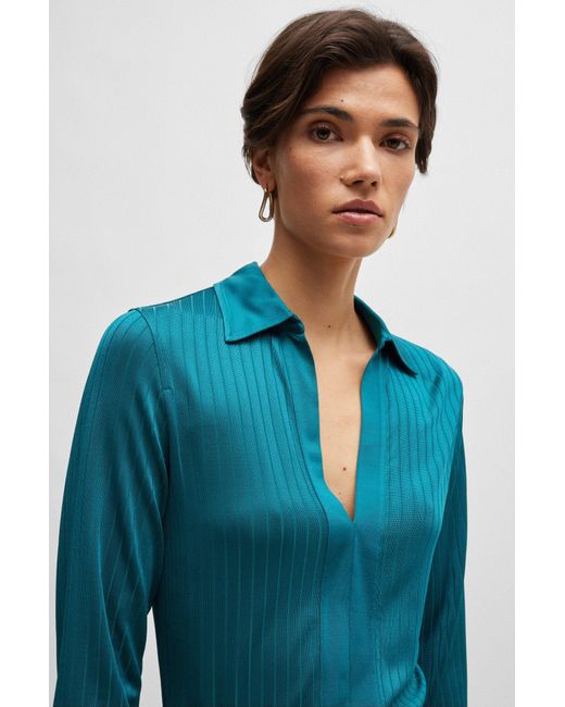 Boss Blue Ribbed Long-sleeved Blouse With Johnny Collar