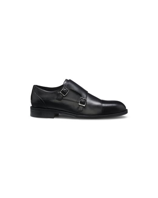 Boss Black Leather Monk Shoes With Double Strap for men