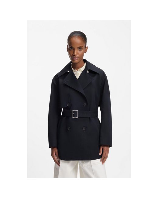 Boss Black Cotton Trench Coat With Buckled Belt