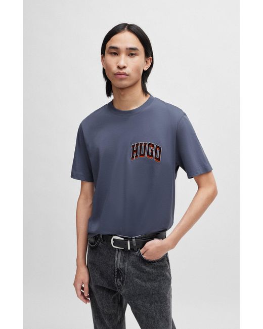 HUGO Blue Cotton-jersey Regular-fit T-shirt With Sporty Logo for men