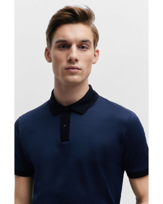 Boss Blue Structured-cotton Polo Shirt With Mercerized Finish for men