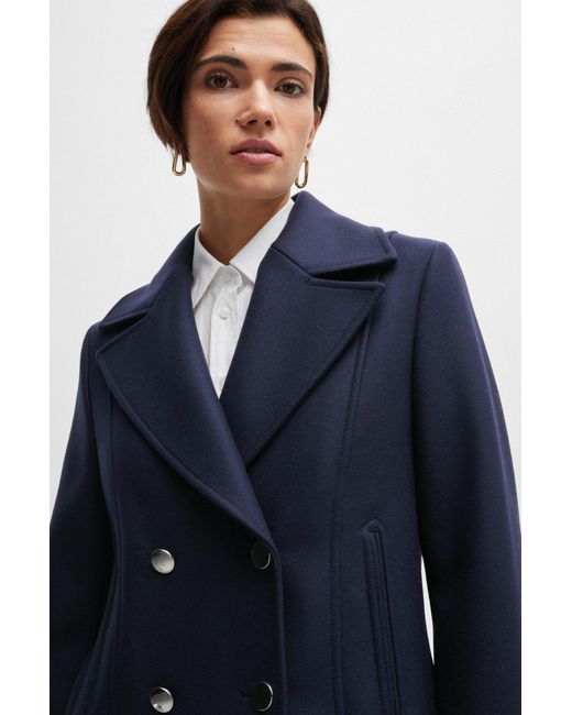 Boss Blue Double-breasted Coat In A Wool Blend With Cashmere