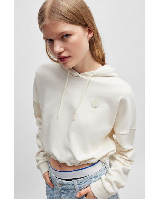 HUGO White Cropped Cotton-terry Hoodie With Smiley Logo Badge