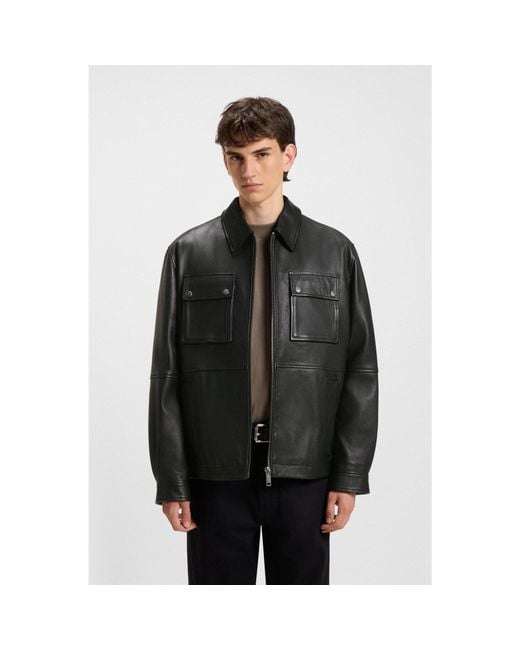 HUGO Black Regular-Fit Leather Jacket With Flap Pockets for men