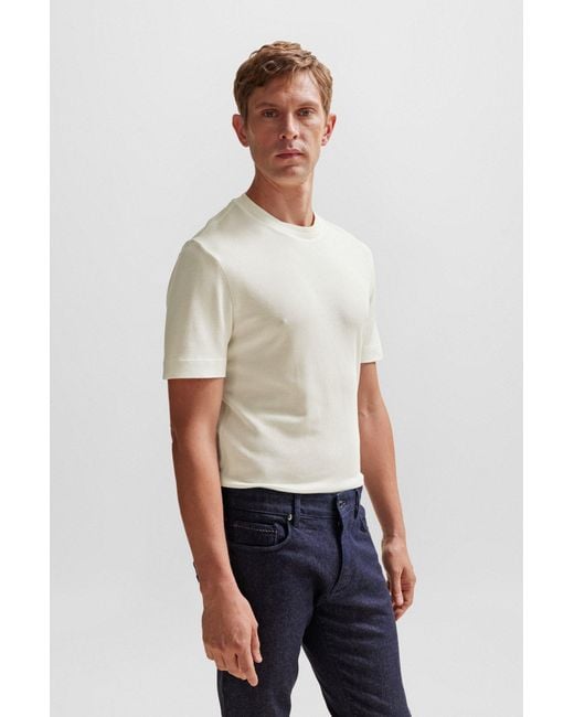 Boss White Textured-knit T-shirt In Cotton And Silk for men