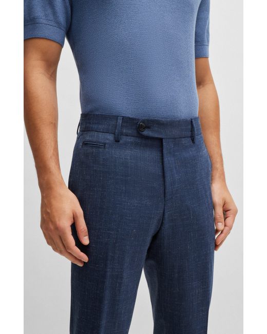 Boss Blue Slim-fit Trousers In Wool And Linen for men