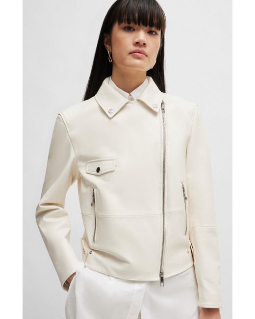 Boss White Leather Jacket With Signature Lining And Asymmetric Zip