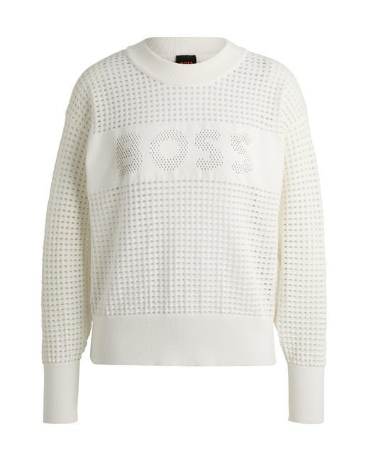 Boss White Open-knit Sweater With Logo Detail