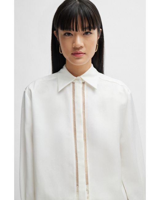 Boss White Long-sleeved Blouse With Ladder-lace Trim