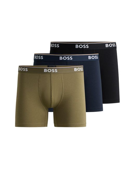 Lot de trois boxers longs en coton stretch avec taille logotée Boss pour homme en coloris Green