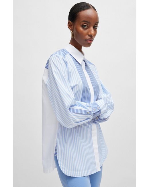 Boss Blue Pure-cotton Blouse With Mixed Vertical Stripes
