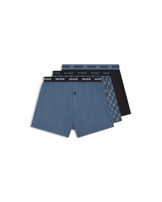 HUGO Blue Three-Pack Of Cotton Boxer Shorts With Logo Waistbands for men
