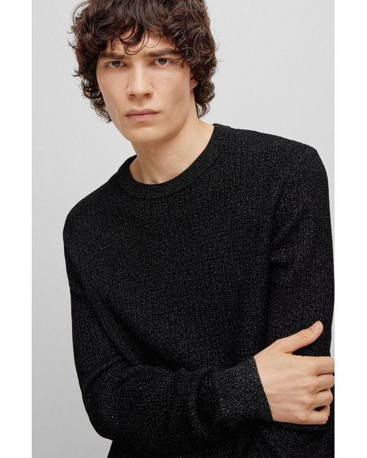 HUGO Relaxed-fit Chenille Sweater With Logo Badge in Black for Men