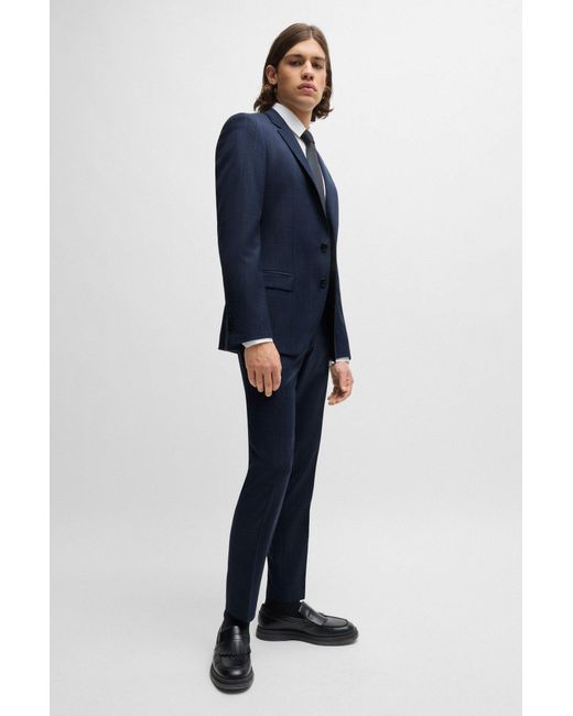 HUGO Blue Slim-fit Suit In Checked Stretch Virgin Wool for men