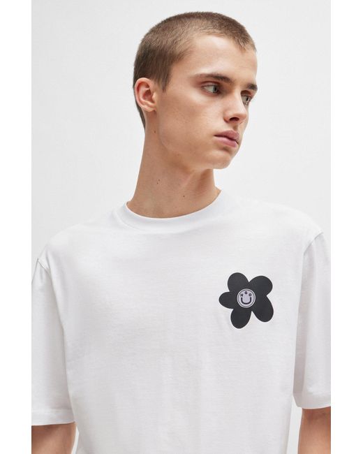 HUGO White Cotton-jersey T-shirt With Flower Logo Artwork for men