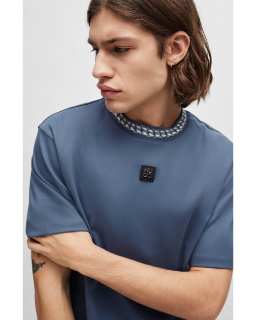 HUGO Blue Interlock-cotton T-shirt With Chain-print Collar for men