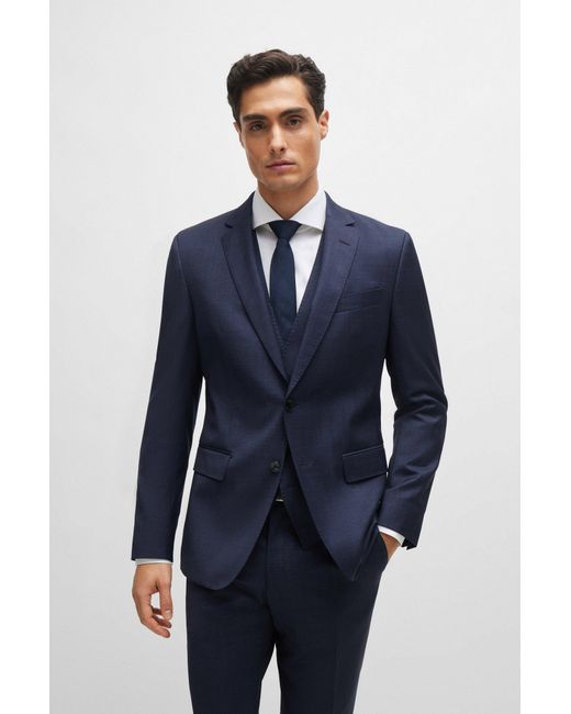 Boss Blue Three-piece Slim-fit Suit In Patterned Stretch Wool for men
