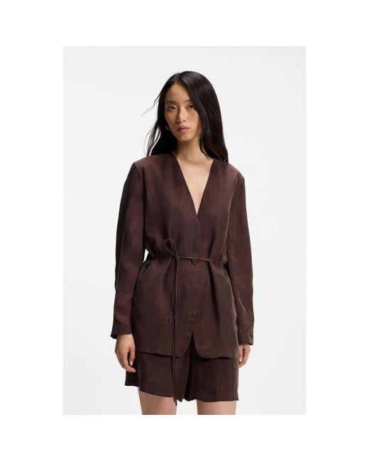 Boss Brown Regular-Fit Collarless Jacket With Drawstring Waist