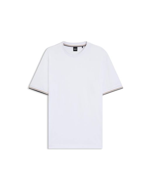 Boss White Cotton-Jersey T-Shirt With Signature-Stripe Cuffs for men