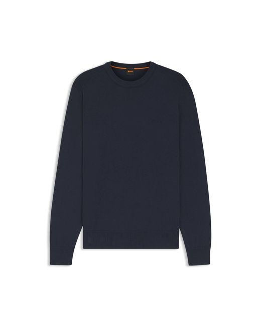 Boss Blue Knitted-Cotton Sweater With Embroidered Logo for men