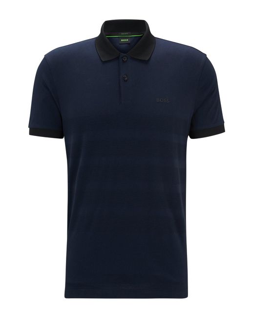 Boss Blue Cotton Polo Shirt With Popcorn-structure Stripe for men