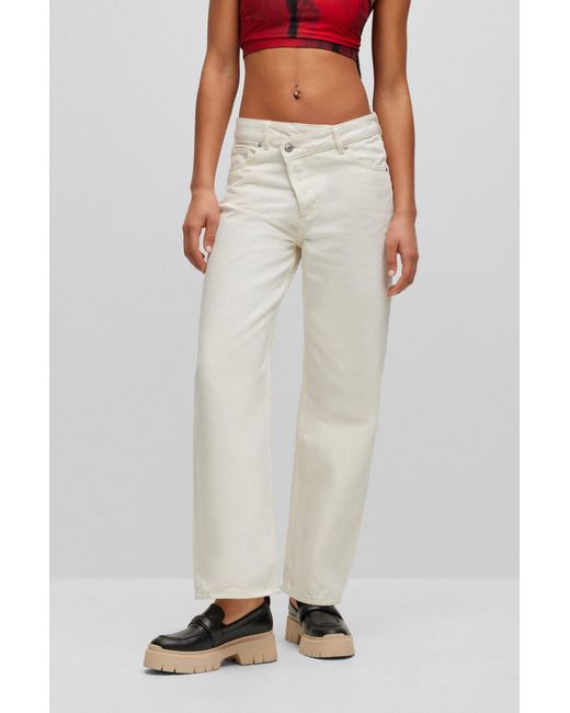 Boss White Relaxed-fit Jeans With Criss-cross Waistband