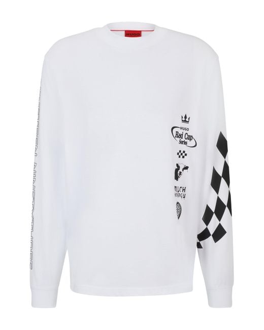 HUGO White Cotton-jersey T-shirt With Racing-inspired Prints for men