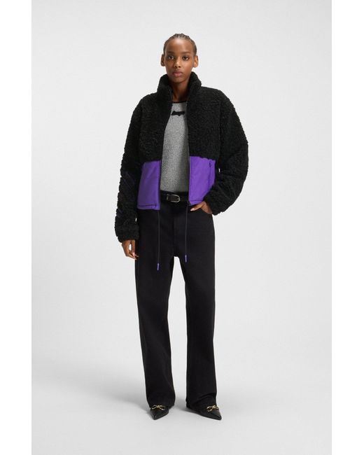 HUGO Black Teddy-Jacke Im Colour-Block-Design Mit Logo-Stickerei