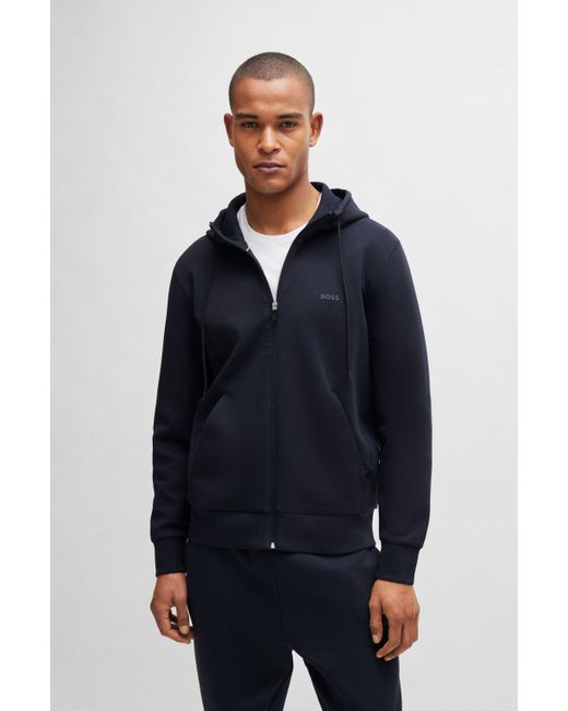 Boss Blue Stretch-cotton Zip-up Hoodie With Logo Print for men