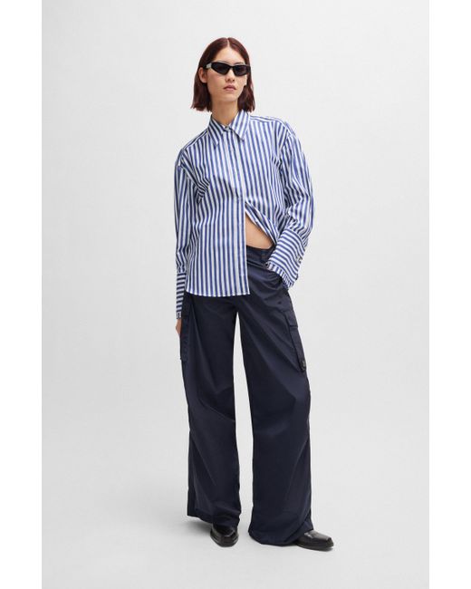 HUGO Blue Oversize-fit Blouse In Striped Cotton Poplin