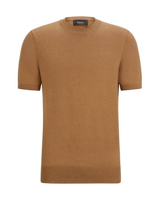 Boss Brown Short-sleeved Sweater In Silk And Cotton for men
