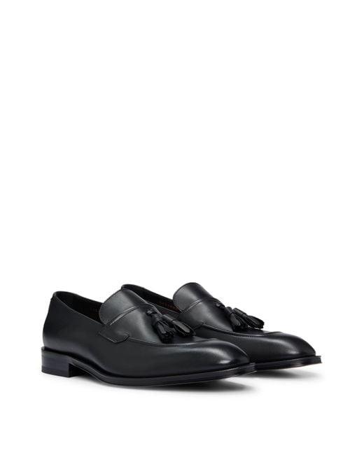 Boss Black Leather Loafers With Tassel Trim for men