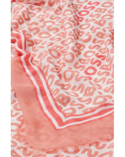 Boss Pink Logo-print Woven Scarf With Fringed Edges