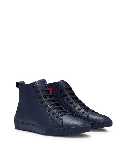 HUGO Blue Grained-leather Trainers With Red Logo Label for men