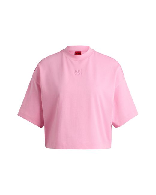 HUGO Pink Relaxed-fit Cropped T-shirt In Cotton With Stacked Logo