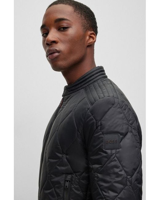 Boss Black Water-repellent Biker Jacket With Quilted Pattern for men