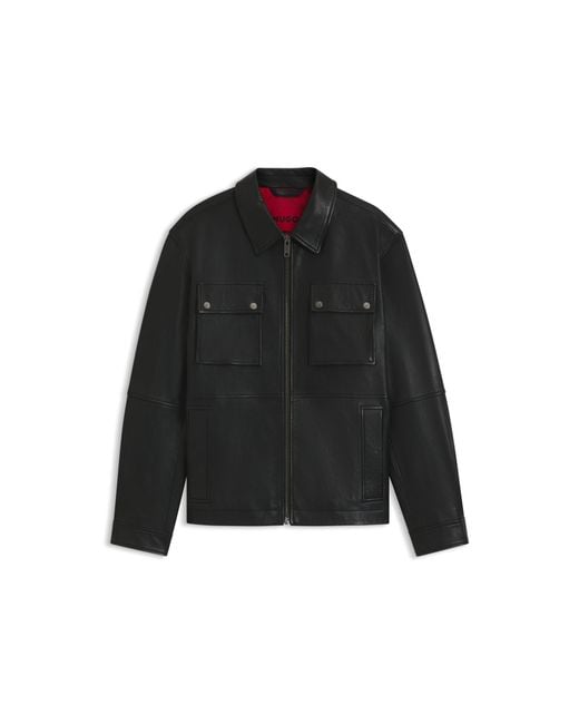 HUGO Black Regular-Fit Leather Jacket With Flap Pockets for men
