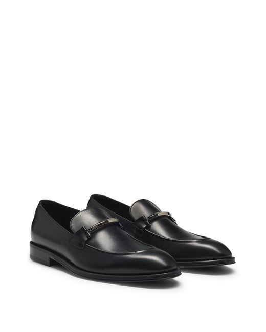 Boss Black Leather Loafers With Branded Hardware for men