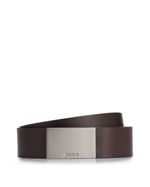 HUGO Brown Italian-leather Belt With Logo Plaque Buckle for men