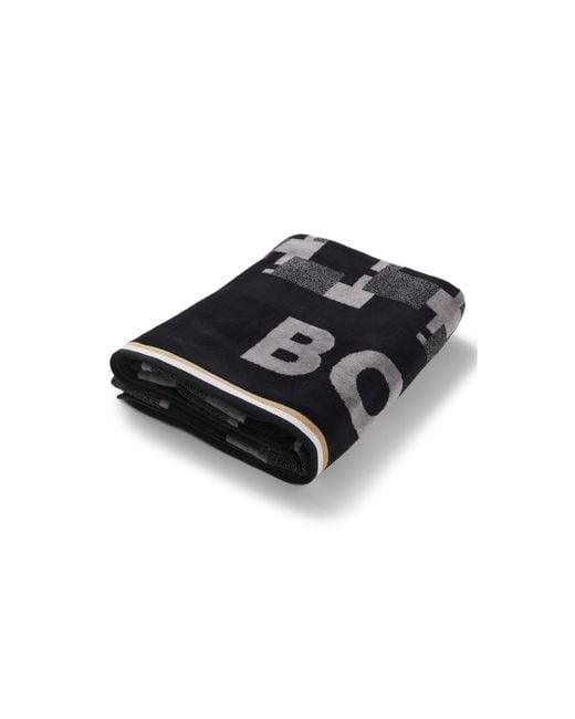Boss Black Cotton-Velvet Beach Towel With Geometric Jacquard