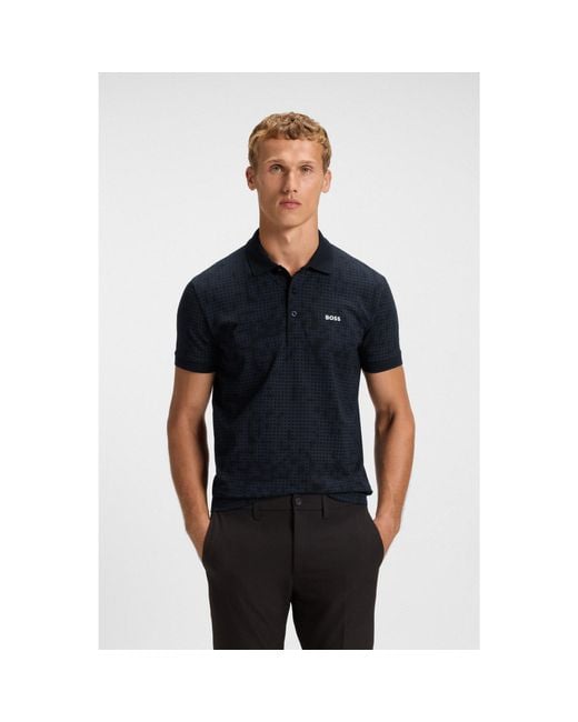 Boss Blue Stretch-Cotton Polo Shirt With All-Over Print for men
